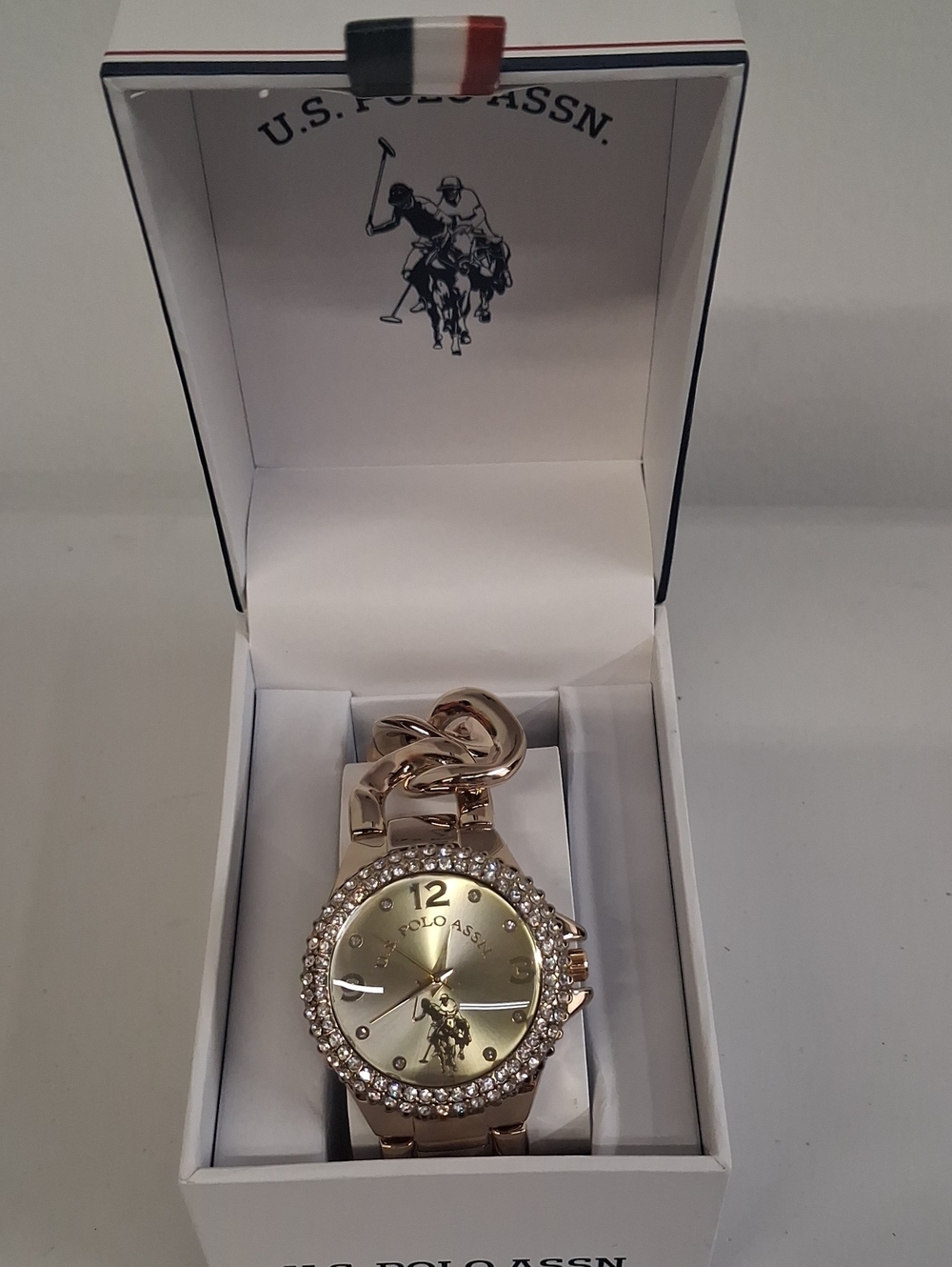 NWT U.S. Polo Assn. Rose Gold Crystal Bezel Women's Watch
